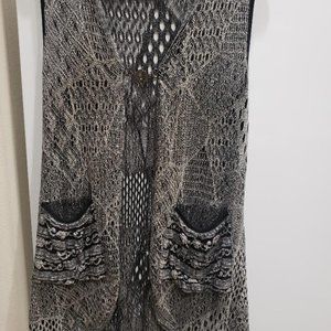 LILY BRAND Grey Open Knit  Long Vest with Pockets Gunmetal Hardware Size 1X